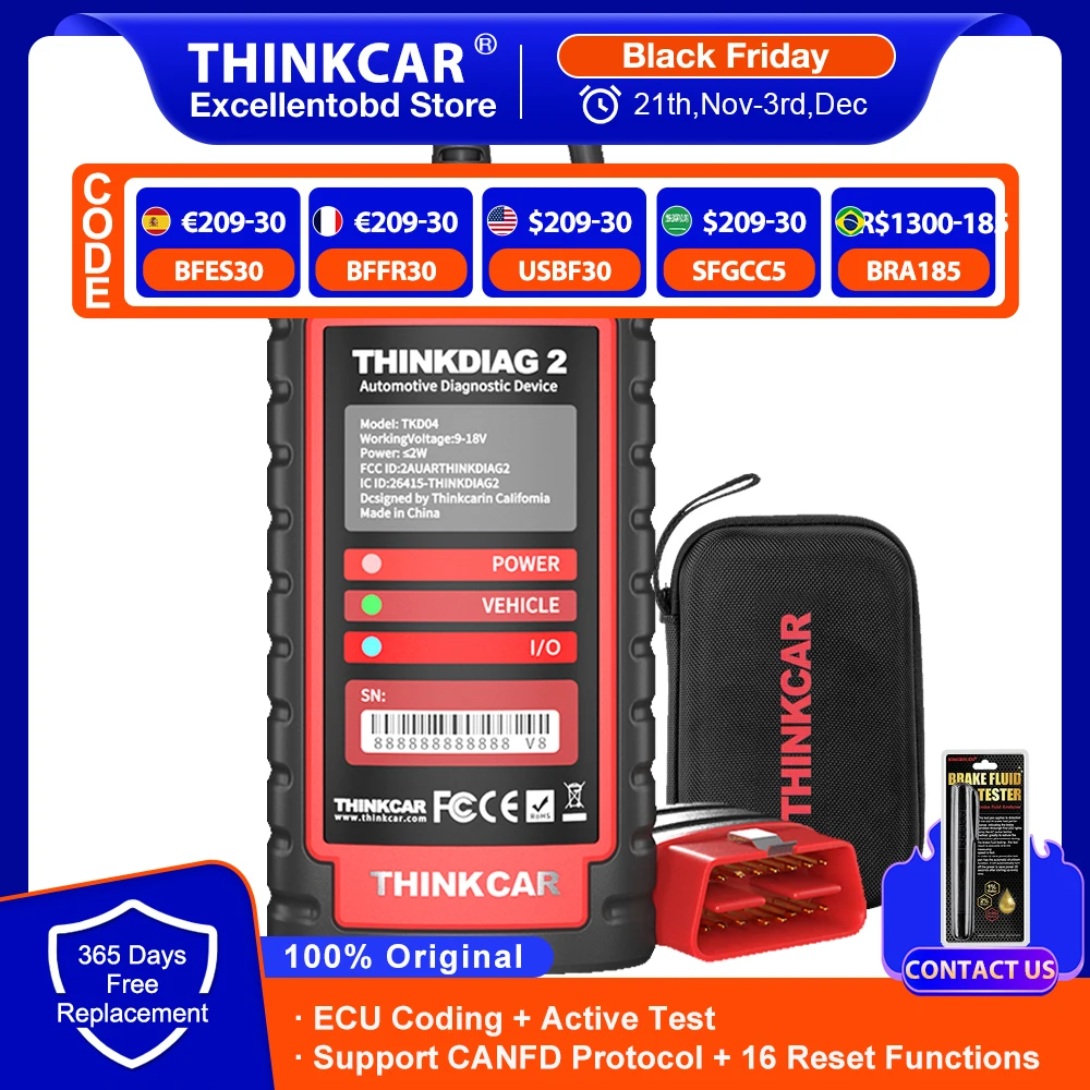 THINKCAR Thinkdiag 2 Car Full System Diagnostic Tool OBD2 Scanner CANFD Protocol All Reset 1 Year Free Active Test ECU Coding