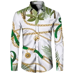 Fashion Luxury Golden Flower Print Men's Shirts Baroque Style Short/Long Sleeve Lapel Button Up Tops Social Hawai Party Cardigan