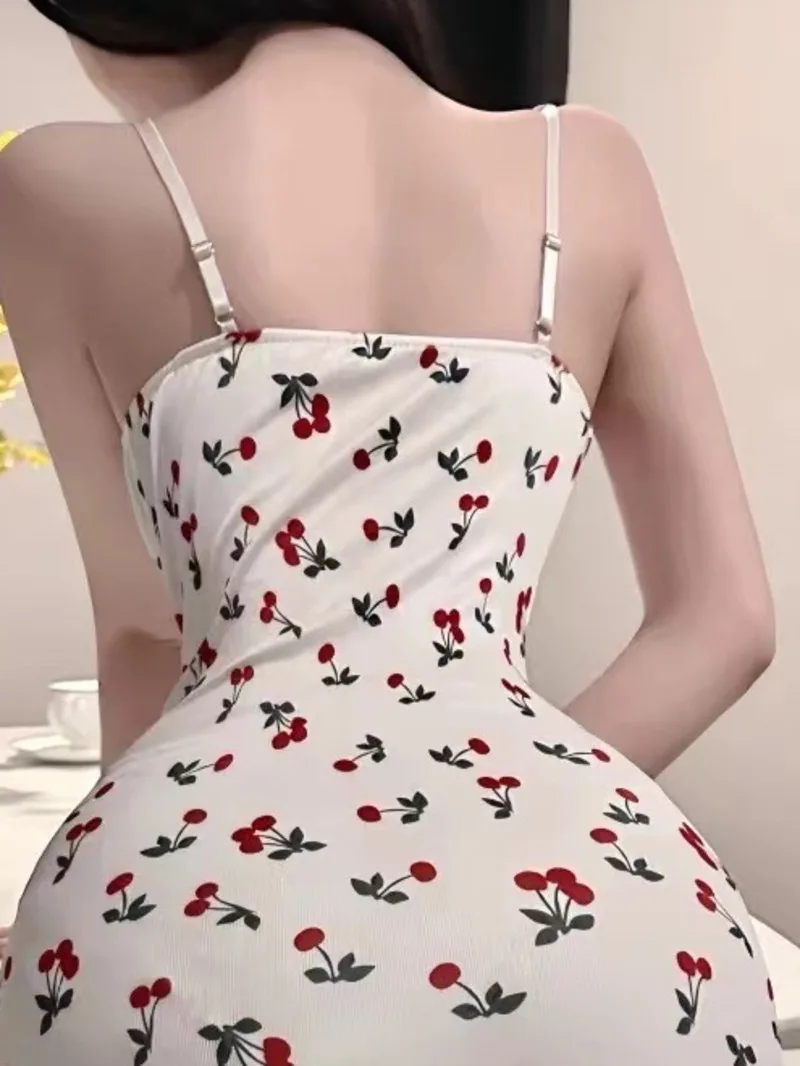 French Style Pure Desire Lace Patchwork Cherry Printed Sling Dress Women High Waisted Wrap Hip Low Collar Slim Dress YAET