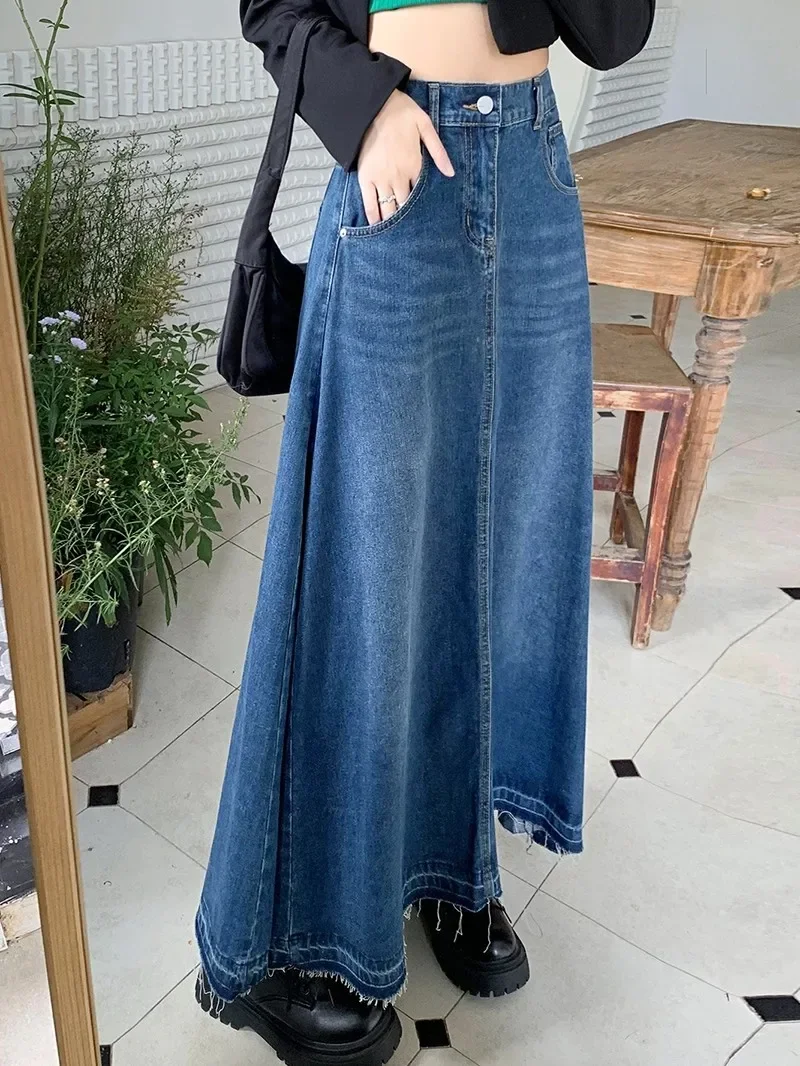 

ZHISILAO New A-line Long Denim Skirt Women Vintage Casual Elastic Waist Jeans Skirt Summe 2023 Streetwear