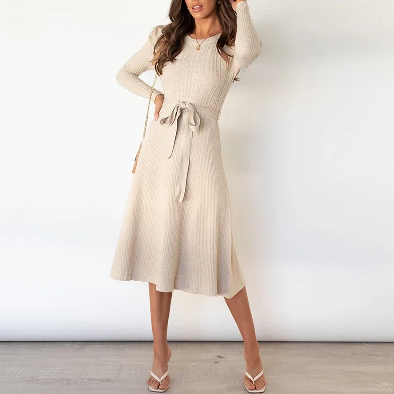 Autumn and Winter Bubble Long Sleeved Knitted Skirt Mid Length Style High Waist Big Swing Bottom Woolen Dress