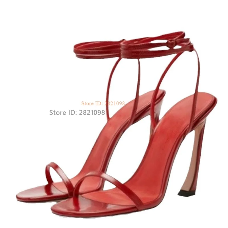 Hot Red Patent Leather Lace Up Ankle Wrap Chunky Heeled Sandals One Belt Shiny Women High Heel Open Toe Summer Shoes