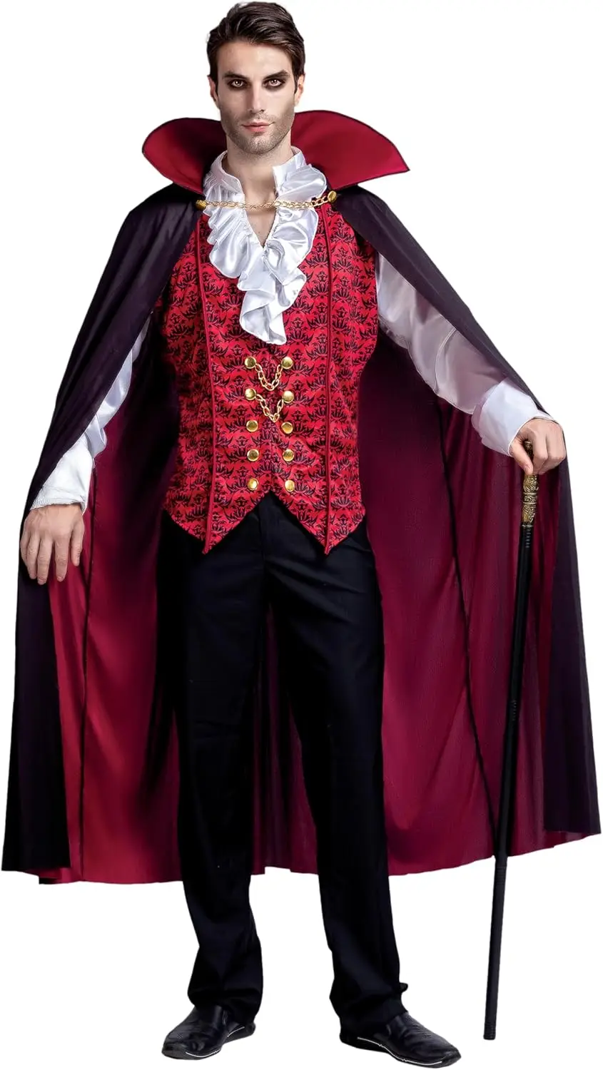 Fantasia de vampiro masculina de Halloween, capa de vampiro masculina de Halloween, fantasia de Drácula masculina para fantasias de Halloween