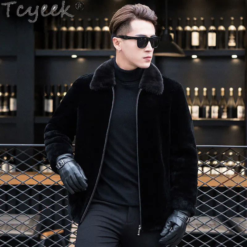 

Tcyeek Lapel Mink Fur Collar Winter Sheep Shearling Jacket Men Clothing Business Casual Lamb Wool Jackets Man Fashion Warm Coat