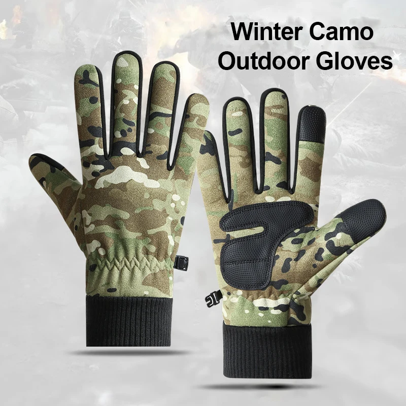 Winter Camo Men's Gloves Hunting Cycling Touch Screen Fleece Lined Thermal Anti‑slip Fishing Outdoor Sports Gloves Windproof