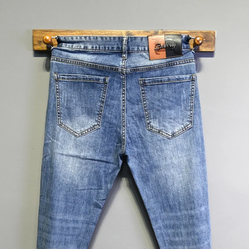 2025 Summer Thin Men's Jeans Light Luxury High end Embroidered Printed Slim fit Small Foot Casual Nine Leg Pants