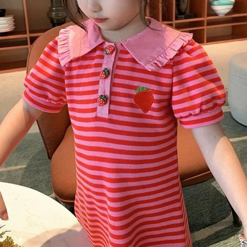 Girls Summer 2024 New Pullover Doll Neck Spliced Button Stripe Embroidery Fashion Casual Slim Fit Princess Short Sleeved Dress