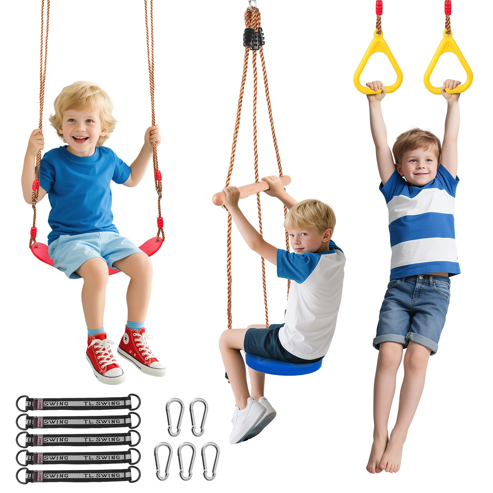3-in-1-Kinderschaukel-Set, Kletterschaukel, weiche Schaukel und Hängeringe, verstellbare Länge, langlebiges Outdoor-Spielset für Hinterhof, Spielplatz