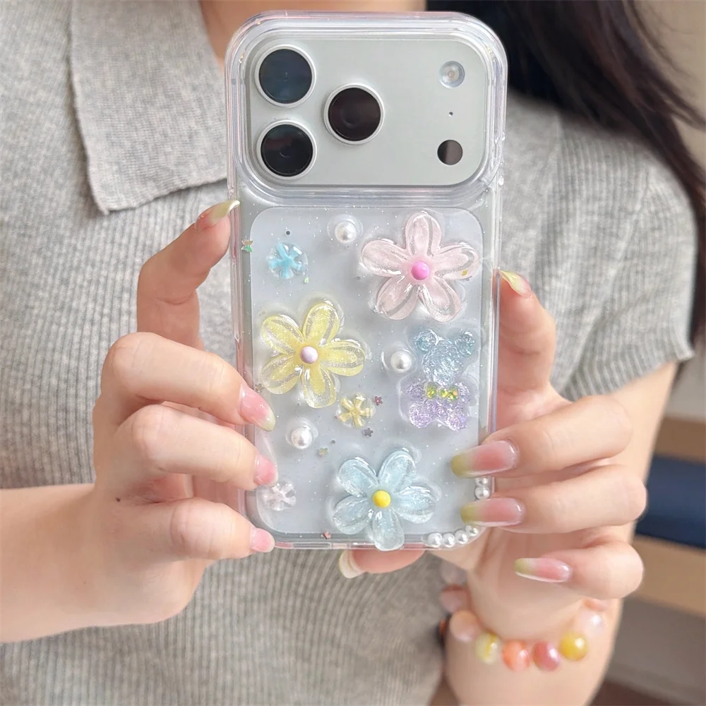 Kawaii Iridescent Jelly Floral Bear Pearl Epoxy Phone Case for 17 Pro Max Floral Clear TPU Protective Cover for iPhone 16 15 14