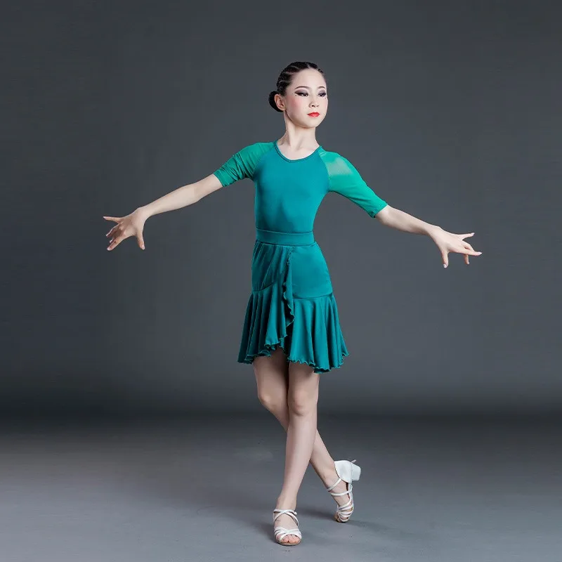 맞춤형 라틴 댄스 연습 점프수트 반팔 차차 삼바 탱고 룸바 댄스 소녀 대회 공연 유니폼