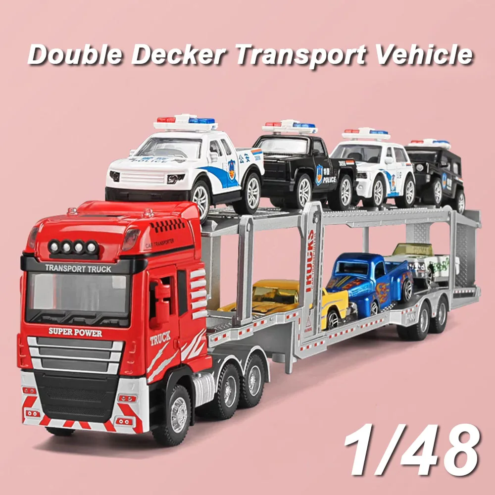 

1:48 Alloy Double Decker Automobile Transport Vehicle Excavator Model Toy Diecast Car Doors Opened Sound Light Models Kid's Gift