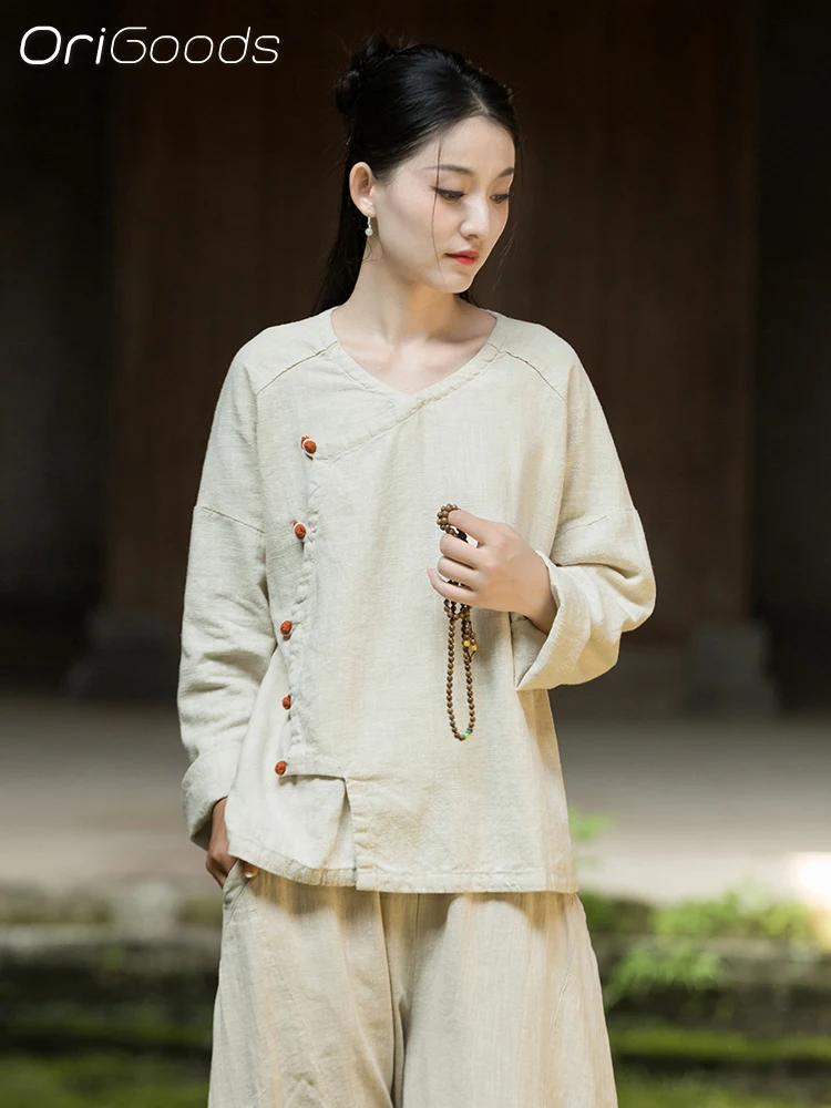 OriGoods Langarmbluse im chinesischen Stil, Kleidung, Ramie, Baumwolle, Leinen, Damenhemd, 2025, Herbst, neue Zen-Tops, lockere Passform, Hemden, B336