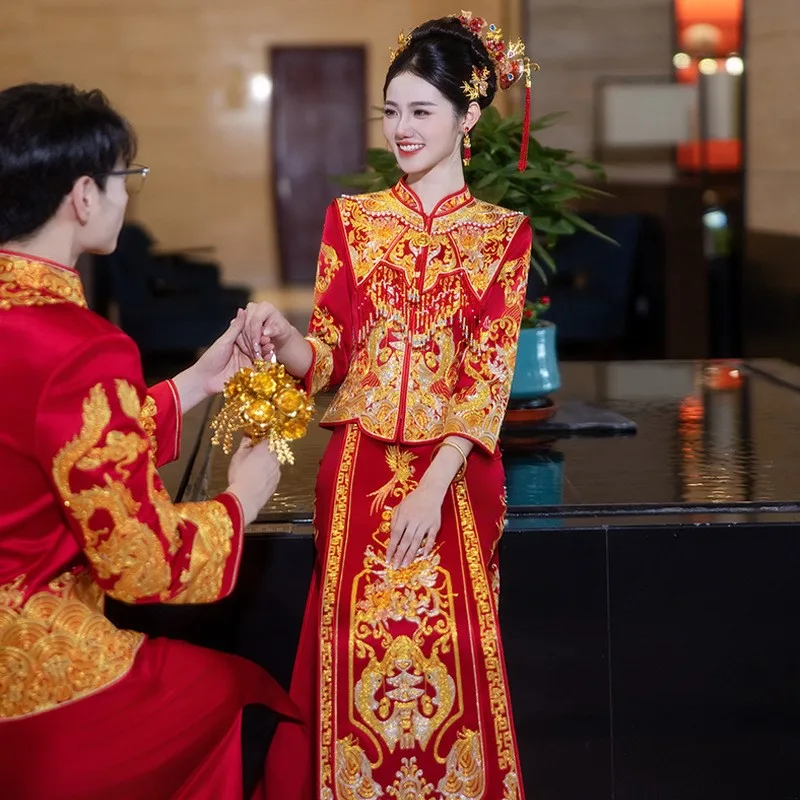 

Роскошное новое свадебное платье с драконом и фениксом в китайском стиле, традиционный китайский стиль