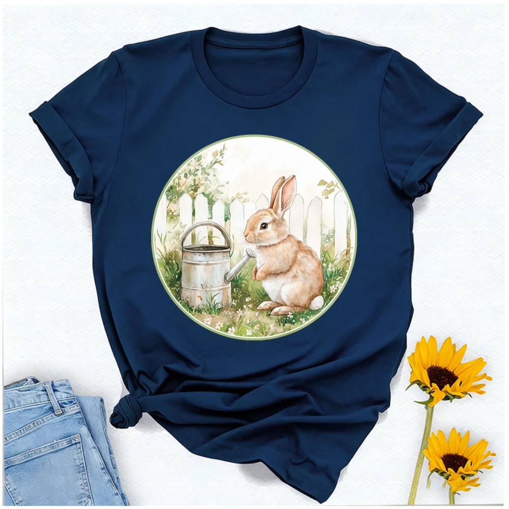 Watercolor Garden Bunny T-Shirt Rabbit with Watering Can Fence Floral Graphic Tshirts  Vintage Aesthetic Festive Casual Tshirts