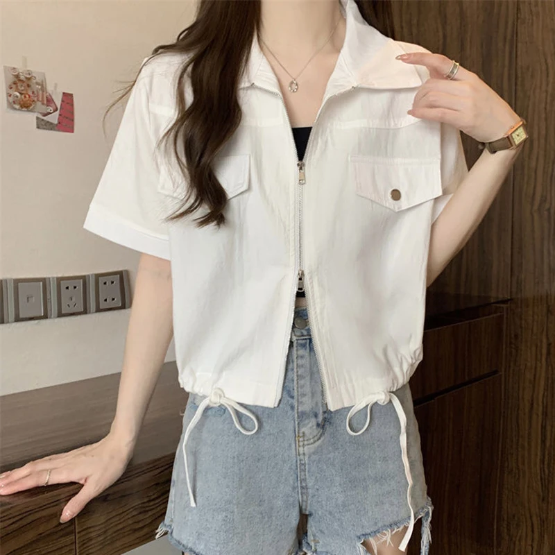 Sweet Zipper Women Shirt Korean New Lace Up Pockets Short Sleeve Female Crop Shirt Summer Fashion Preppy All Match Ladies Blouse