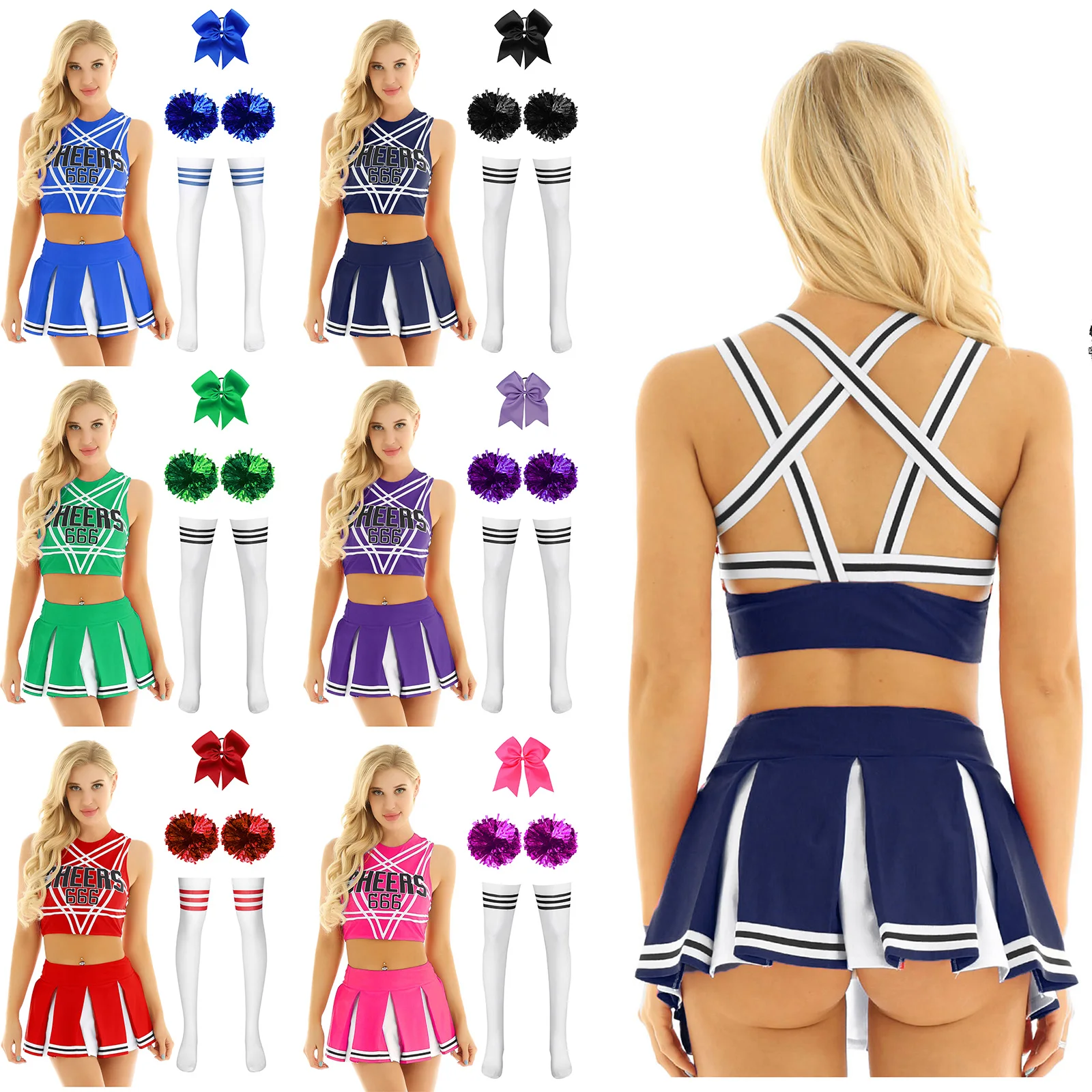 Women Cheerleading Uniform Outfits Sleeveless Crop Top with Mini Pleated Skirt Headband Flower Balls Stockings Carnival Costumes