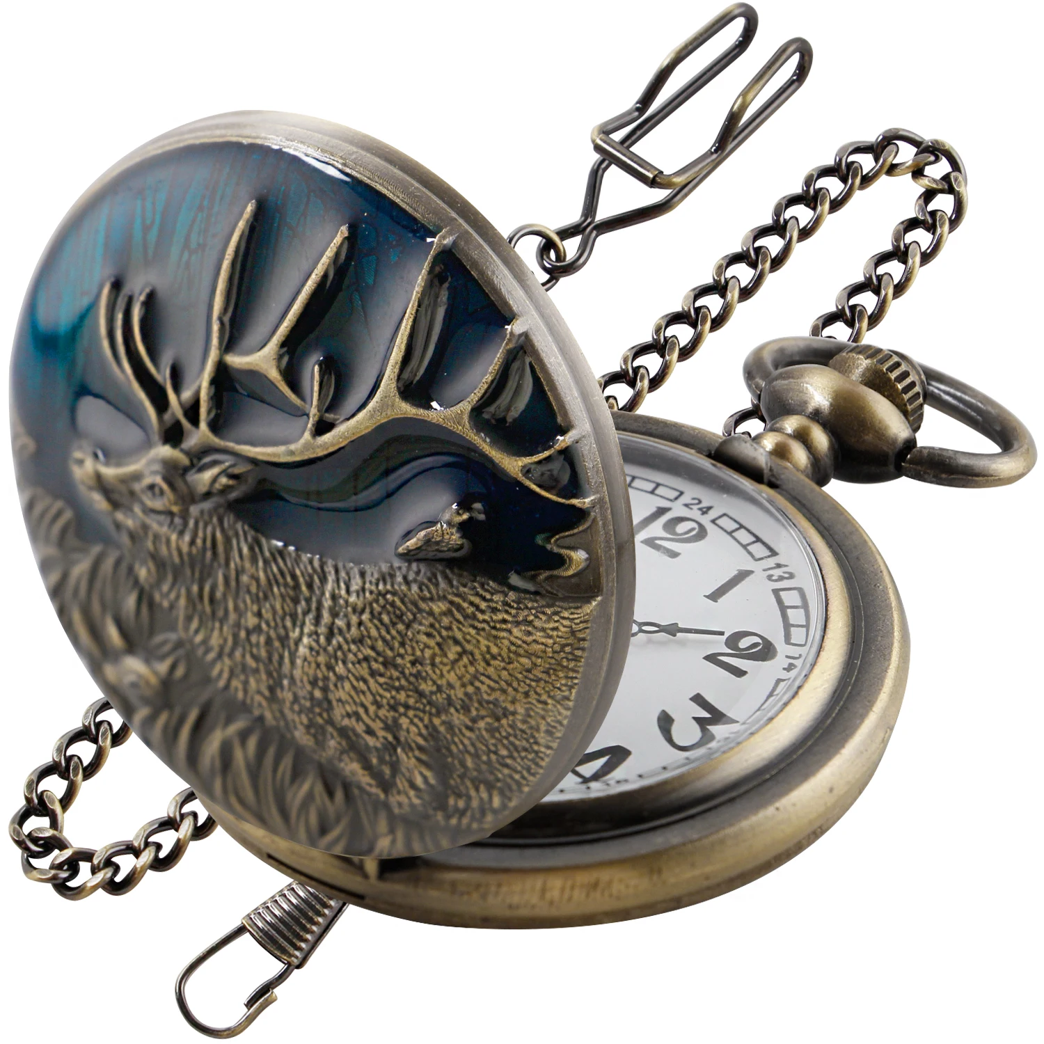 Vintage Deer Exquisite Reindeer Design Quartz Pocket Watch Pocket Watches for Women Men with Fob Chain Christmas Birthday Gifts