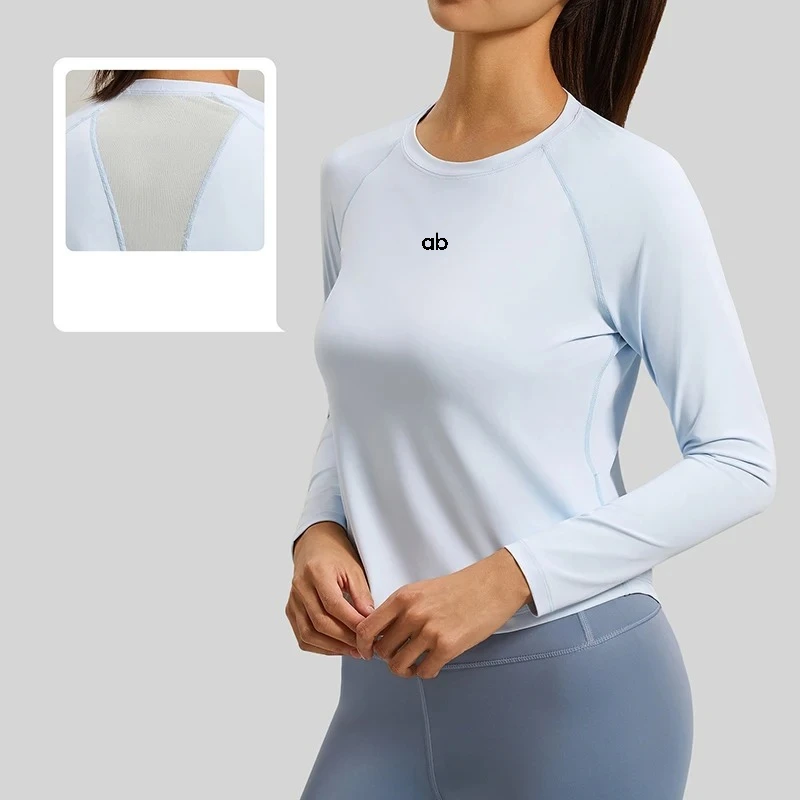 Spring Summer Women Loose Back Mesh Long Sleeve Yoga Top Breathable Solid Color Running Riding Gym Fitness Sports T‑Shirt
