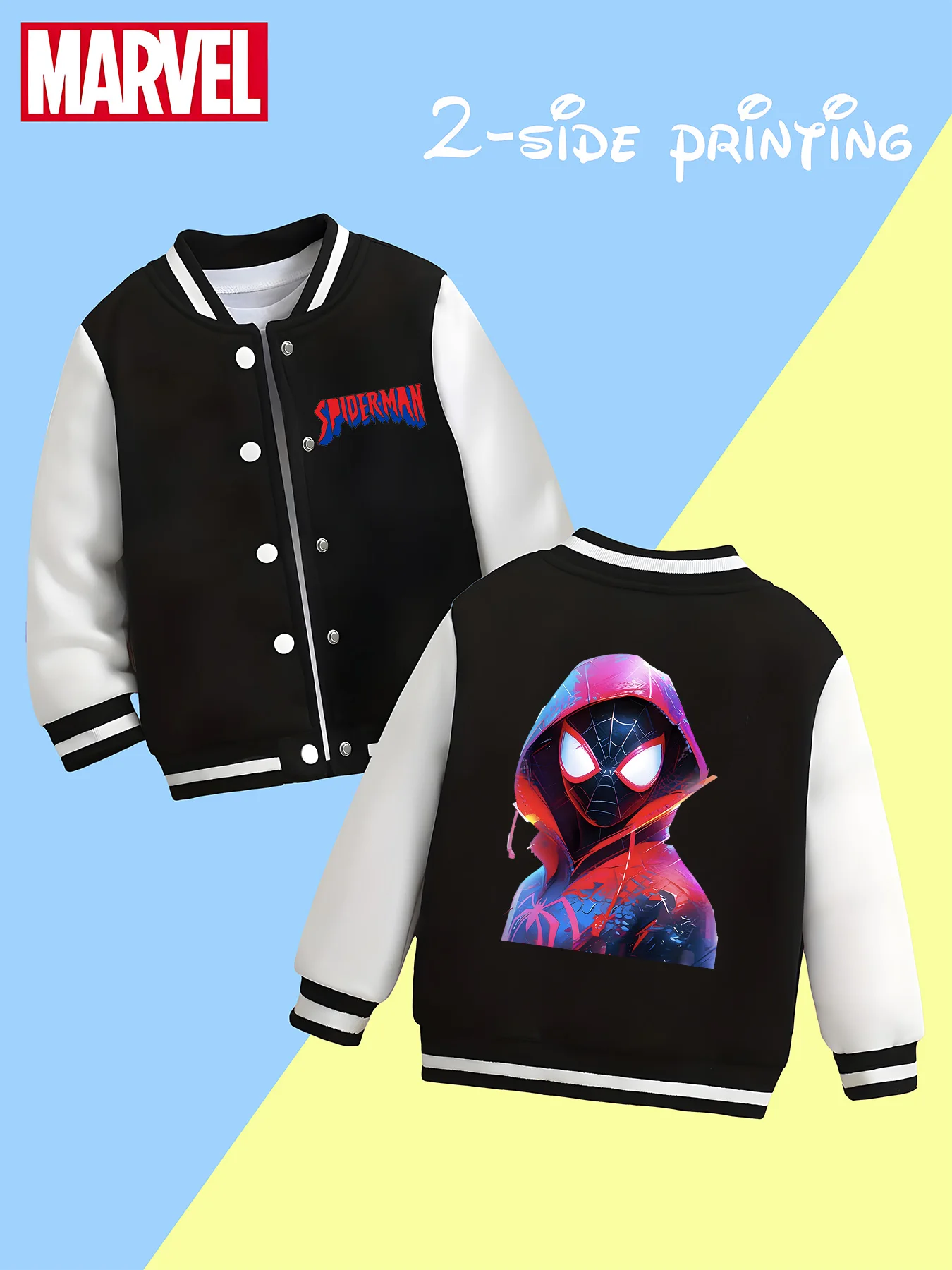 

MINISO Marvel Trend Baseball Jacket - Spider-Man multi-print, classic black and white style, perfect for school and travel in au