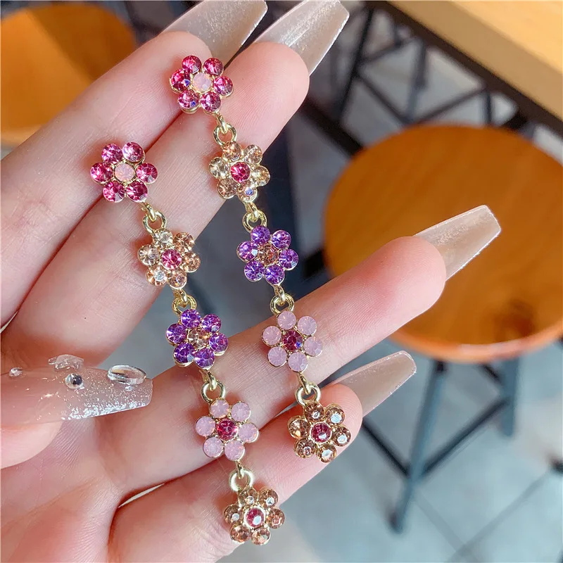 New Colorful Flower Rhinestone Long Earrings for Women Personality Fashion Summer Accessories Girly Party Jewelry Birthday Gift