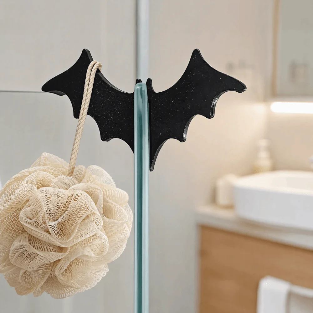 3D Print Halloween Bat Bathroom Hook No-Drill Space Saving Bathing Towel Hanger Hanging Black Shower Door Hook Bedroom Decor