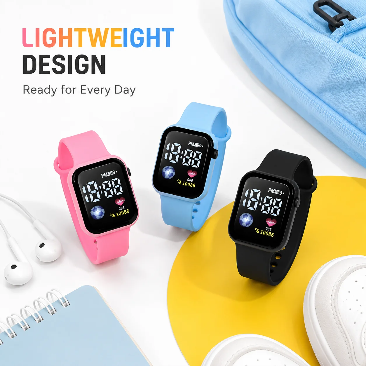 Colorful LED Digital Watch Set Casual Square Dial Wristwatch with Adjustable Strap 5 Color Options for Daily Wear And Gifting