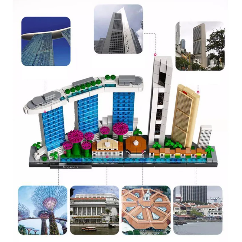 827PCS Raffles Place Marina Bay Sands สถาปัตยกรรม Skyline Landmark Building Blocks สิงคโปร์ก่อสร้างอิฐของเล่นเด็กของขวัญ