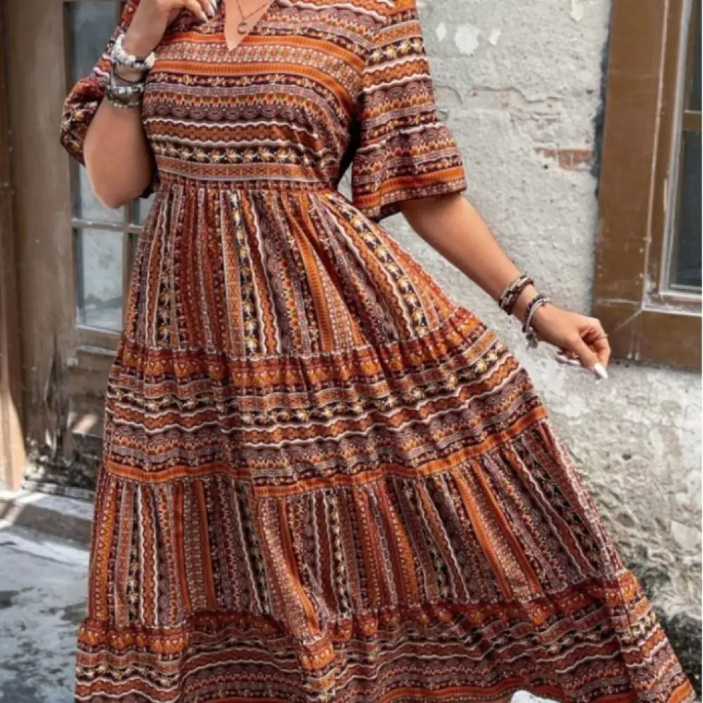Womens Dress Plus Size V Neck Floral Print Elegant Summer Casual Loose Irregular Midi Dresses Trendy Holiday Apparel