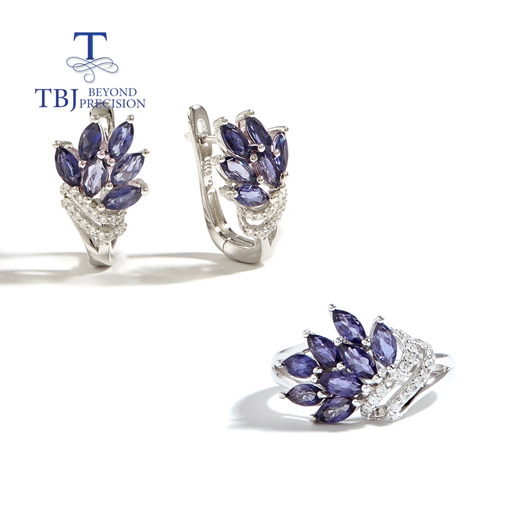 

Light luxury 925 Sterling Silver Ring Earrings natural Iolite marquise 2.5*5mm fine jewelry set for women's birthday party gifts