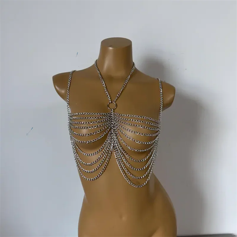 Metall-Körperketten-Crop-Tops Harness für Frauen, mehrschichtige Brust- und Taillenkette, Halskette für Nachtclub-Party, Bikini-Körperketten, verstellbare Überzüge. – Detail 7
