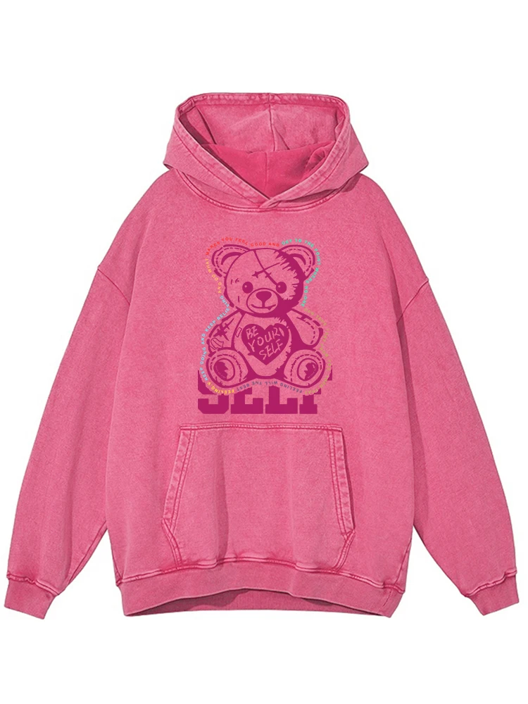 

Be Yourself Cartoon Bear Printed Distressed Washed Womens Hoodie Autumn Crewneck Street Cotton Hoodies Casual Soft Warm Clothing