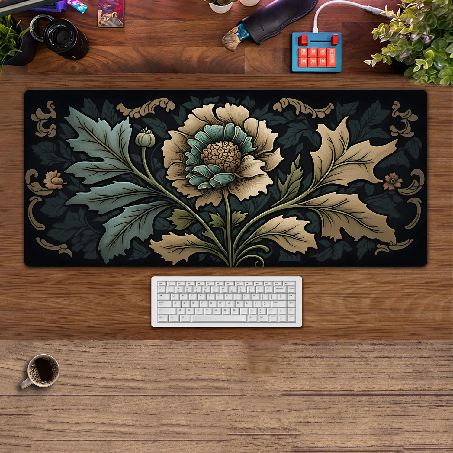 Retro flower desk mat, floral mouse pad extra large, green plant desk mat, gothic aesthetic computer laptop gaming desk mat