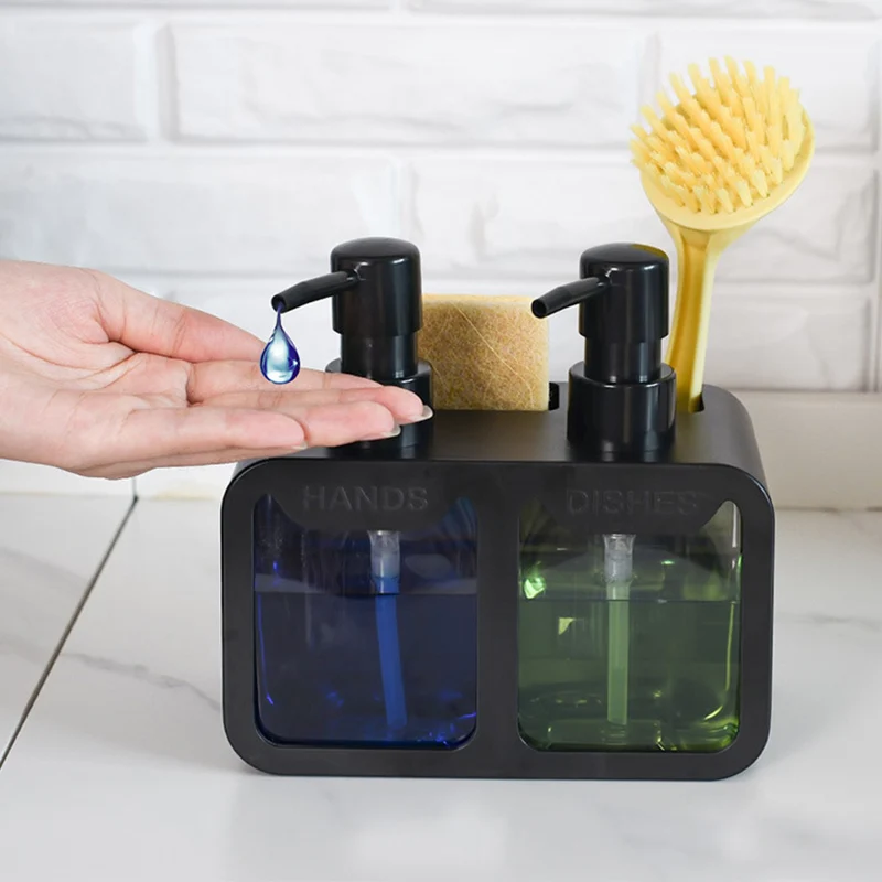 Kitchen Hand Soap and Dish Soap Dispenser Set, Dual Soap Dispenser with Sponge Holder and Brush Rack, 3-in-1 Storage Rack, Suitable for Kitchen Sink Countertops, Practical Kitchen Gadget