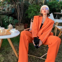 Long Sleeve Fashion Orange Jacket Suit for Women Blazer and Pants Two Piece Set Korean Style Winter Clothing Elegant Clothes