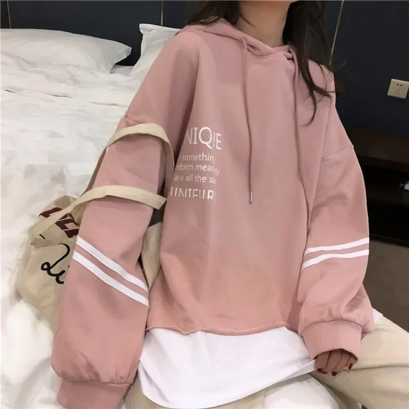 Spring Autumn Women New Version Of Fake Two-piece Front And Back Letter Printing Hooded Sweater Girl Student Korean Trend Y2k