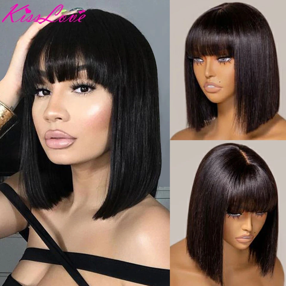 

2x1 HD Lace Top Short Bob Wig With Bangs Glueless Long Fringe Bob Human Hair Wigs Brazilian Straight Machine Made Wigs for Women