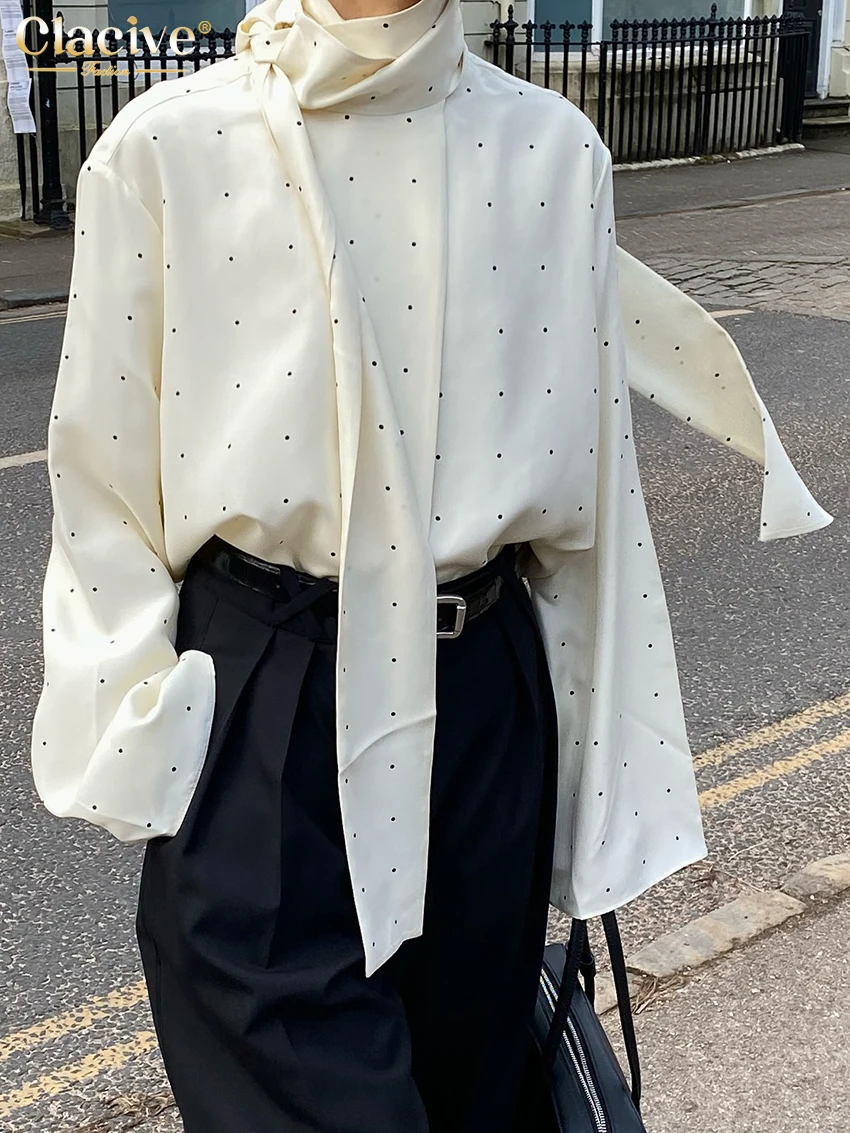 Clacive Fashion Loose Print Women Shirt 2025 Casual Stand Collar Long Sleeve Shirts Elegant Classic Lace-Up Top Female Clothing
