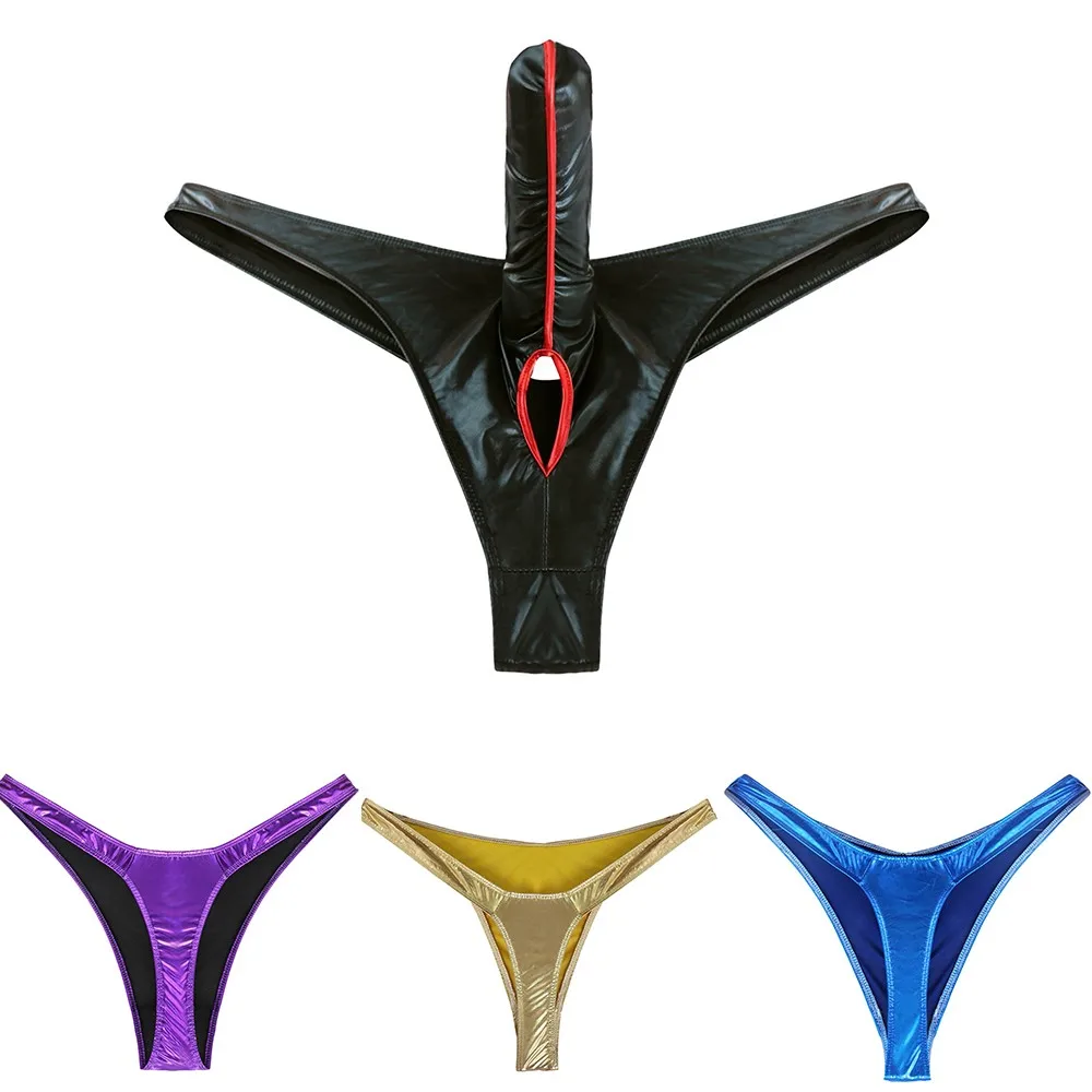 Lencería Sexy para hombre, tangas con agujero de bola, ropa interior cerrada, calzoncillos con funda para pene, tangas con nariz de elefante, calzoncillos de charol para hombre