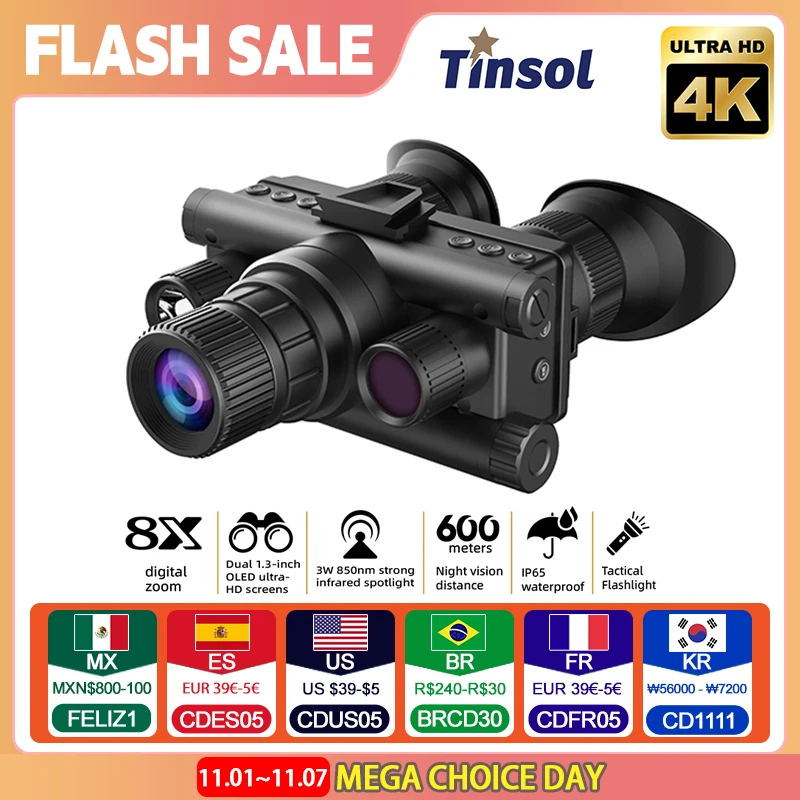 

4K Night Vision Hunting Binoculars 600m Head Mounted 8x Zoom NG Night Vision Scope with Flashlight Digital Camera