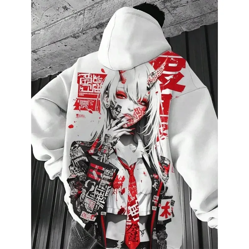 Moletom com capuz padrão American Dark Dragon para homens e mulheres, moletom solto tendência hip-hop para outono e inverno E