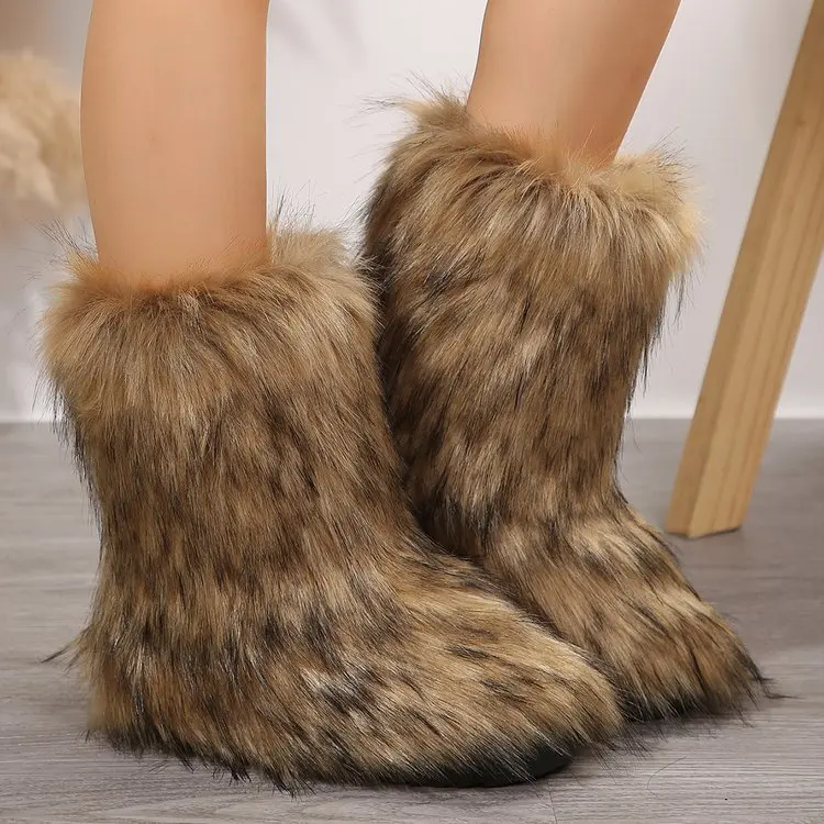 Y2k-Inspired Women\'s Fluffy Faux Fur Boots Stylish High-Top Design - Versatile Winter Warmth for Snowy Adventures