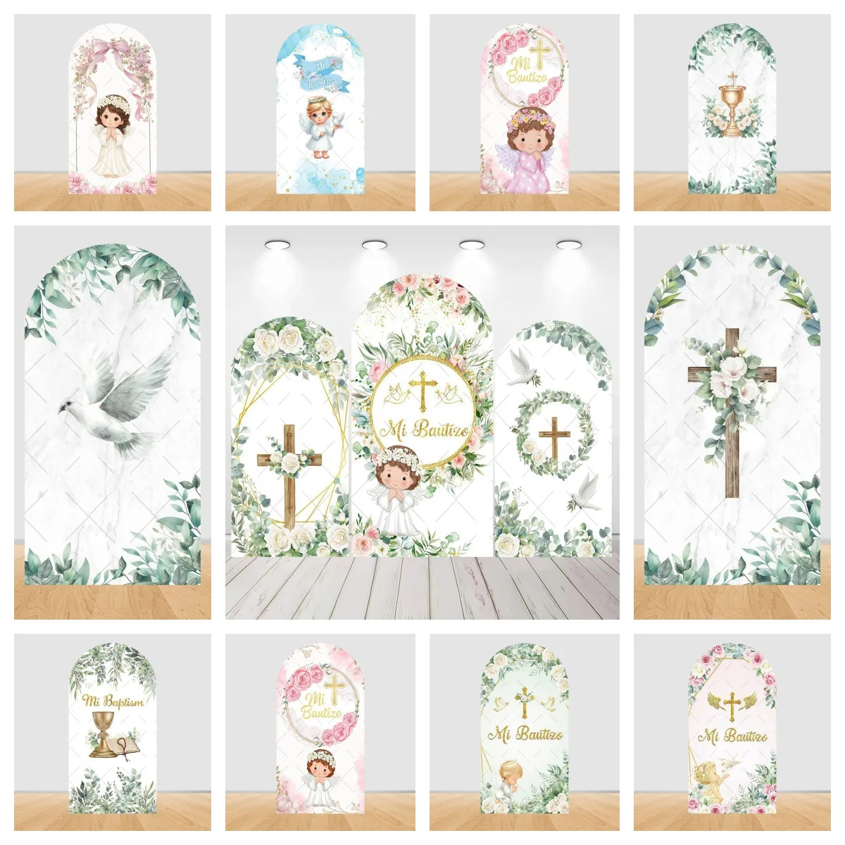 

Декоративный арочный фон для Первого Причастия, Крещения, Девичника, мальчиков и девочек, с цветами, святым крестом, голубем и надписью «Боже благослови».