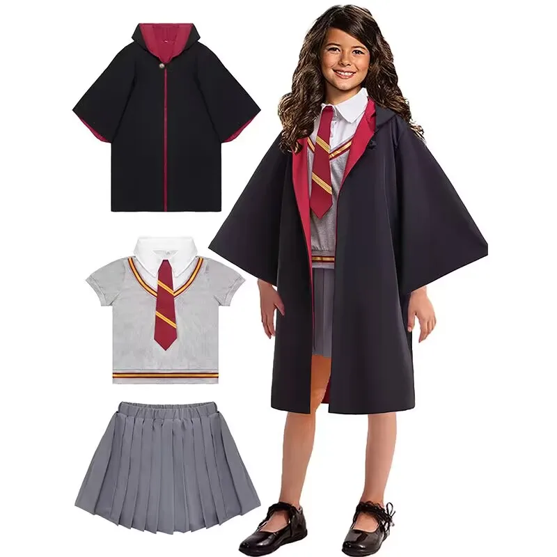 

Kids Girls Wizard Magical Dress Up Outfit Top+Preppy Style Skirt+Pointed Hooded Cloak For Halloween Birthday Party Themed Events