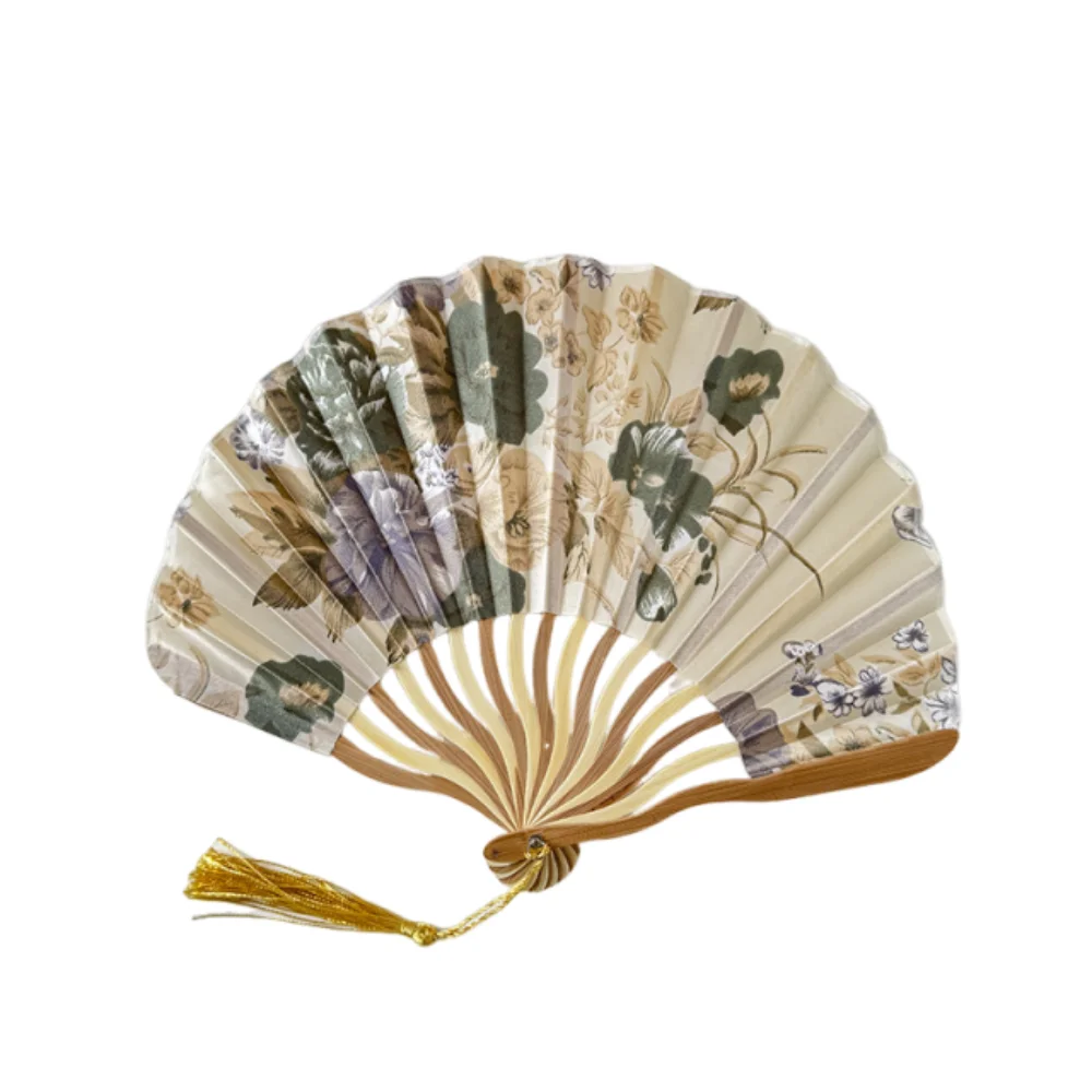 

Performance Chinese Style Silk Folding Fan Classical Flower Handheld Fan with Fan Cover Elegant Tassel Folding Fan Wedding