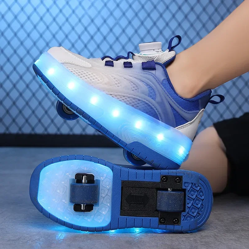 

Children Two Girls Wheels Luminous Glowing Sneakers Heels Pink Led Light Roller Skate Shoes Kids Led Shoes USB Charging