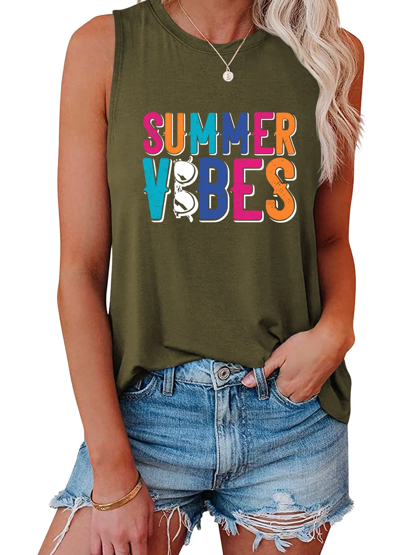 Summer new fashion casual vest summer vibes printed sleeveless t-shirt blouse