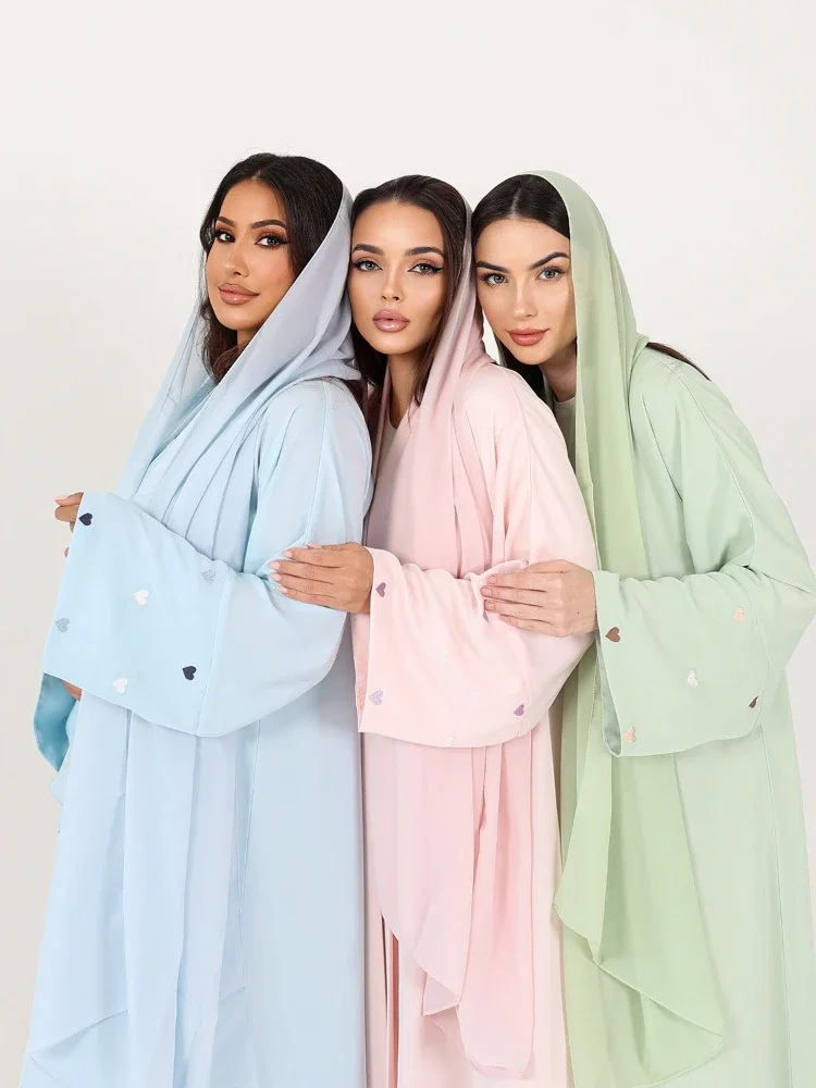 Love Heart Embroidery Muslim Abaya for Women Without Scarf Eid Cardigan Morocco RamadanAbayas Kaftan Islam Dubai Arab Long Robe