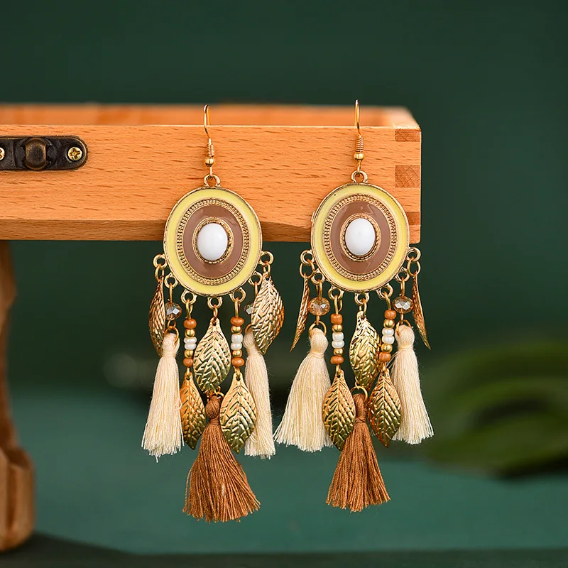 Bohemian Silk Tassels Statement Earrings For Women Leaf Geometric Handmade Beads Drop Dangle Earring Girls Ethnic Jewelry