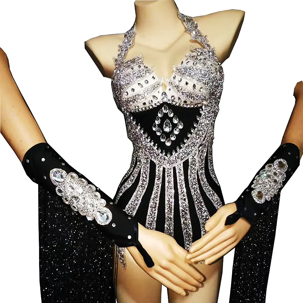 

Shining Rhinestones Crystal Black Halter Backless Sexy Bodysuits With Tassel Gloves For Women Nightclub Wear Stage Costume