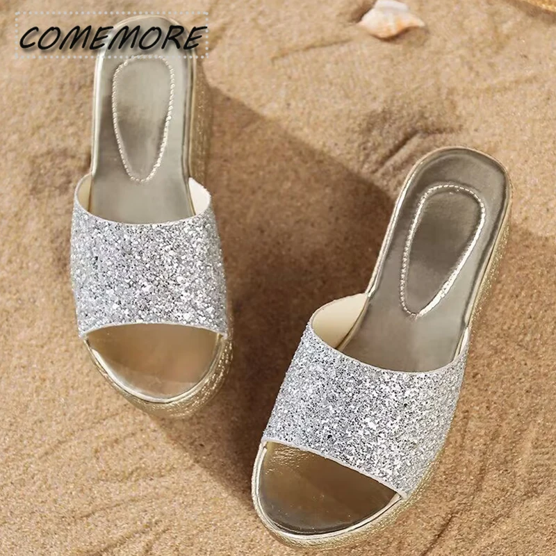 Gold Silver Luxury Sequins Wedges Slippers for Women’s 2024 Summer Open Toe Platform Sandals Woman High Heeled Slides Ladies 40